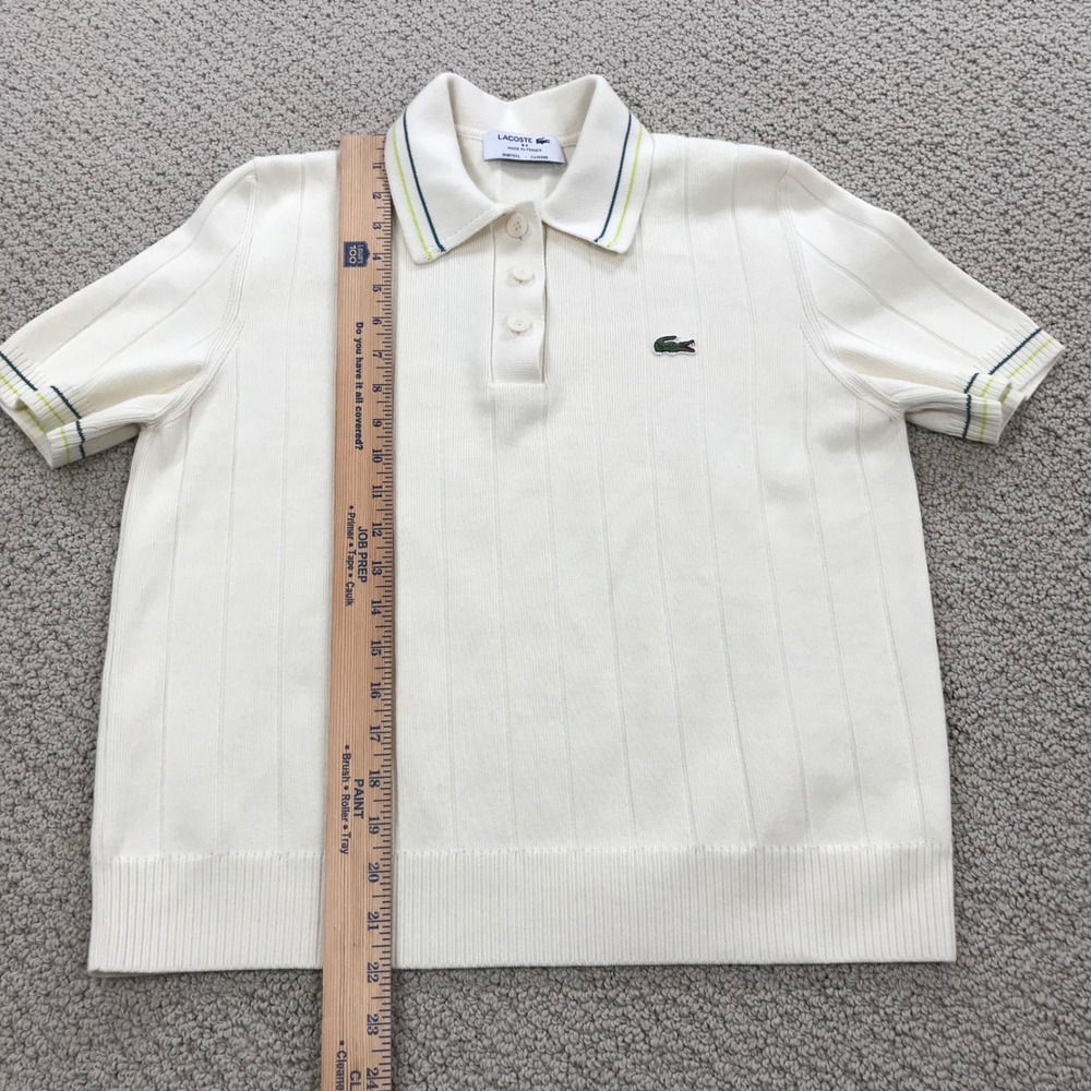 Lacoste Made in France Ribbed Knit Polo Shirt Cream White Green Tipping Size 38 - Picture 8 of 8